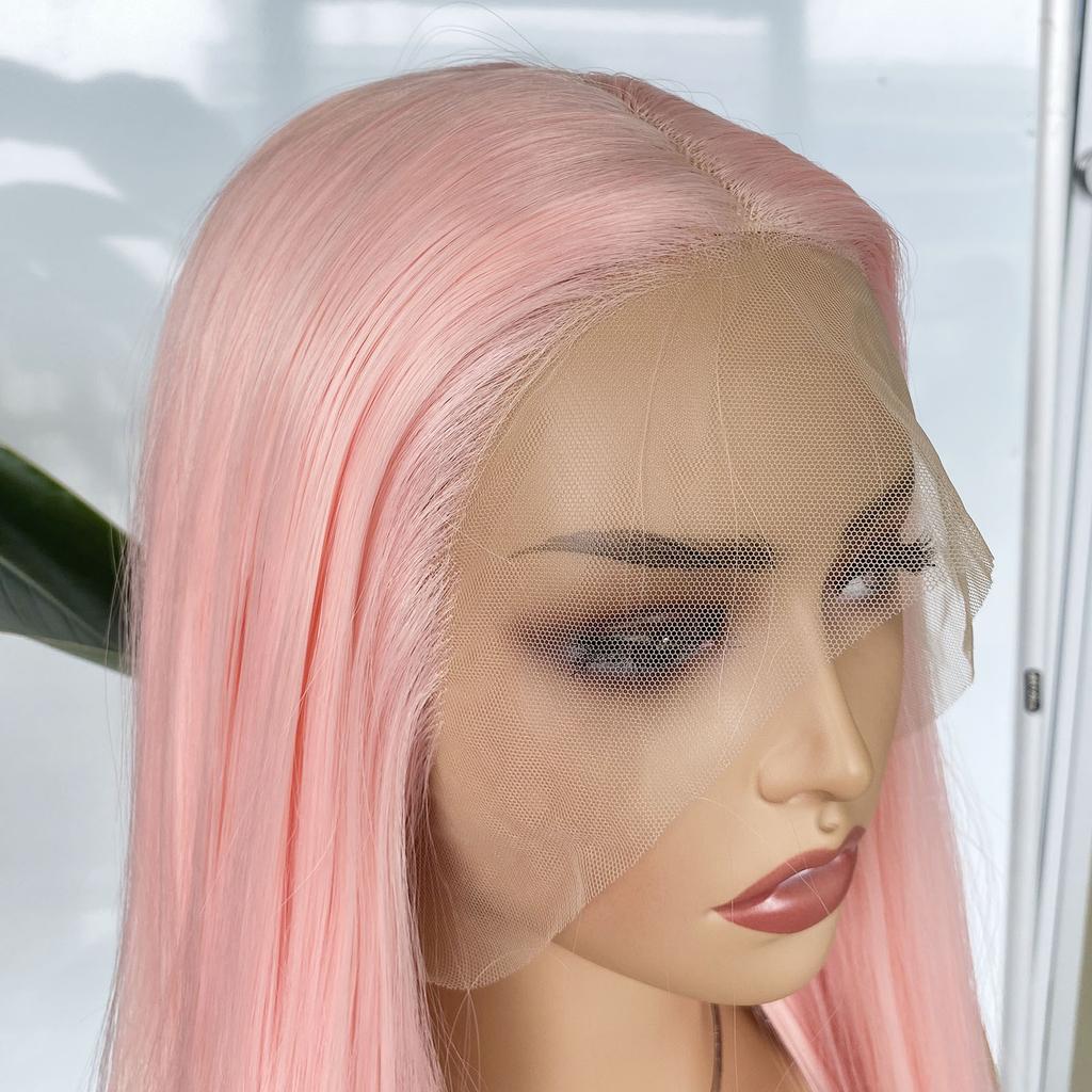 AIMEYA Light Pink Long Straight Wig Synthetic Hair Pink Lace Front Wigs Heat Resistant Wig Silky Straight Pink Hair
