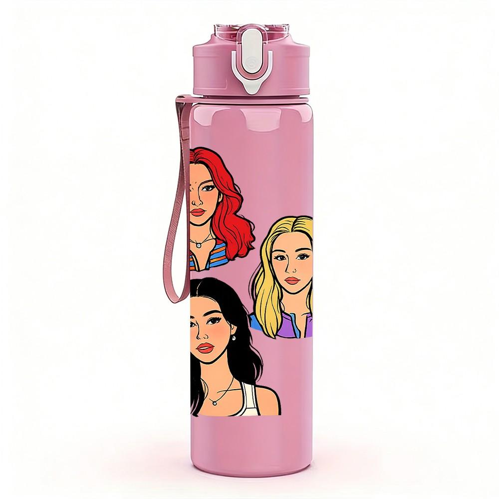 1PC Curly Hair Red Lady Portrait 750ml Color Plastic Sports Water Bottle Leakproof Flip Straw Lid Suitable for Sports Office Home Use