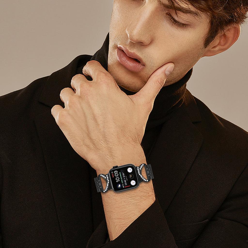 Watch Strap for Apple Watch Series 11 10 42mm/9 8 7 41mm/SE3 SE2 SE 6 5 4 40mm/3 2 1 38mm Stainless Steel Band with Rhinestone Ox Horn Style Connector