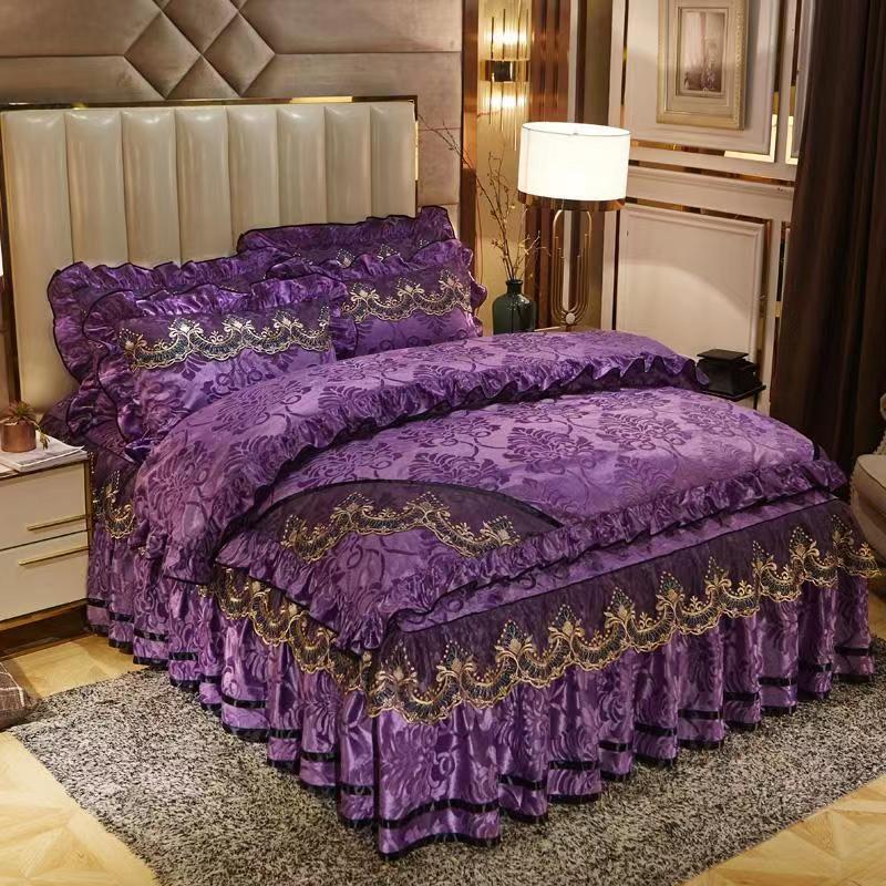 Размер King Size/Queen Size/Twin Size Кружевная юбка-кровать Пододеяльник Наволочка Комплект из четырех предметов Утолщение Теплая спальня Простое постельное белье Высокое качество Осень Зима