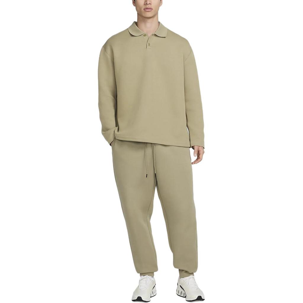 Nike Tech Fleece Переосмысленная Однотонная Свободного Кроя Рубашка-поло с Длинным Рукавом Мужские топы Оливково-зеленый FZ7571-276