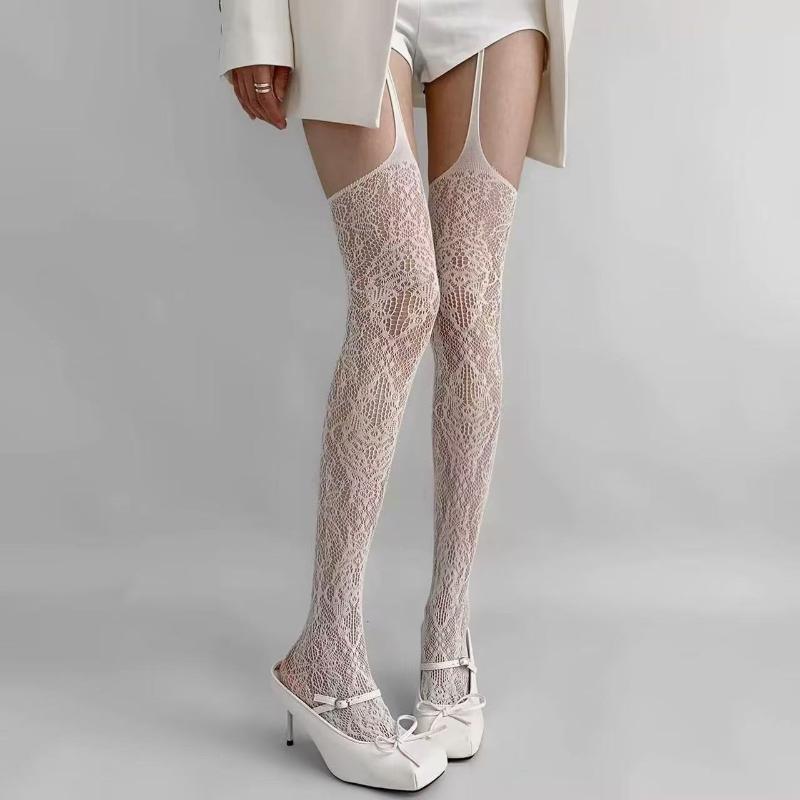 Personality Print Fishnet Stockings Women Sexy Lace Hollow Out Thigh High Socks Gothic Lolita Japanese Over The Knee Long Sock