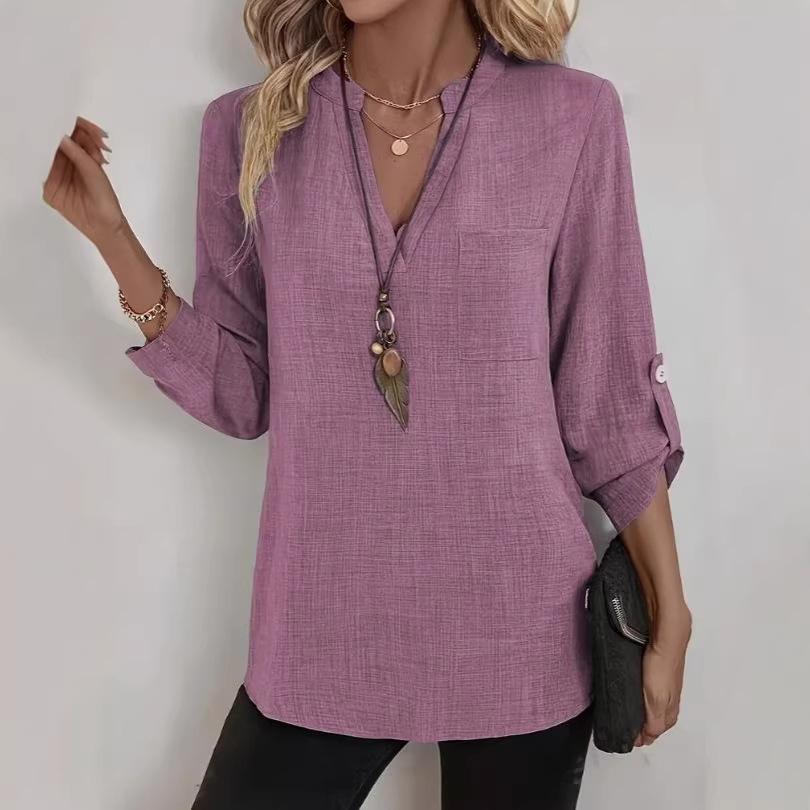 Женская рубашка больших размеров с V-образным вырезом, однотонная, свободного кроя, весна/лето 2026