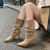 Fashion Fashion Pointed Toe Pleated Mid-calf Boots Women 2025 Autumn Winter Sexy Thin High Heels Comfort Warm Velvet Boots for Women