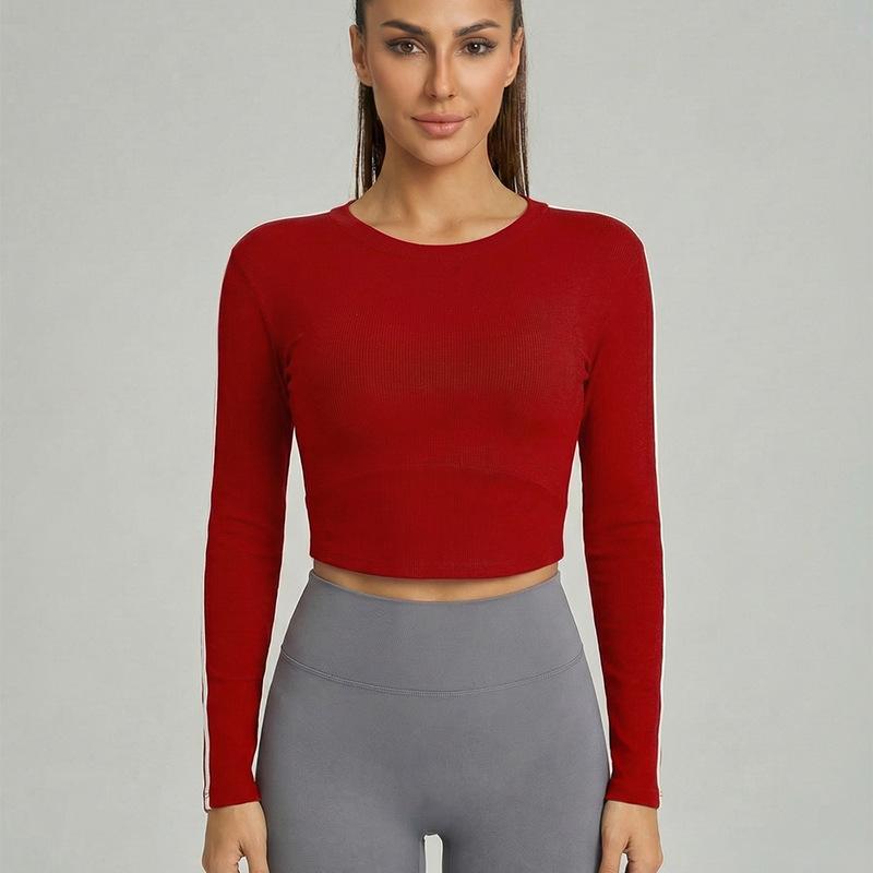 Trandon high-elastic sports fitness clothes, tops, nude stripes, sports running, comfortable, breathable, quick-drying, long-sleeved sportswear