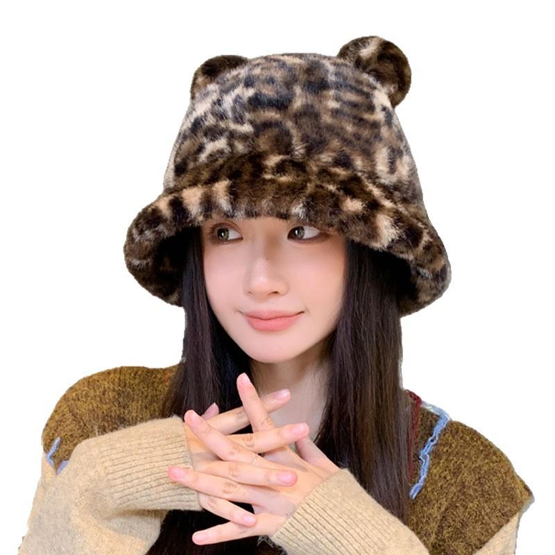 Autumn And Winter Leopard Print Plush Bucket Hat Cute Ears Warm Basin Hat Fashionable Wear Commuter Essential Hat