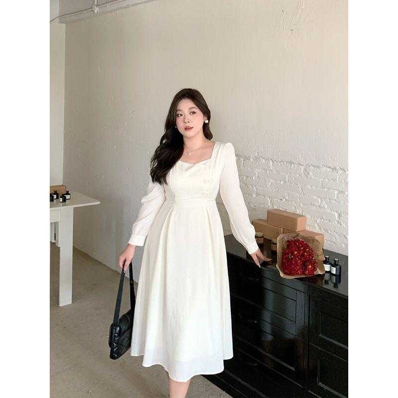 Belly Not Meat Plus Size Women's Clothing New Chinese Style Improved Cheongsam Dress Plus Size Ladies Temperament Waist-Controlled Slim White Dress