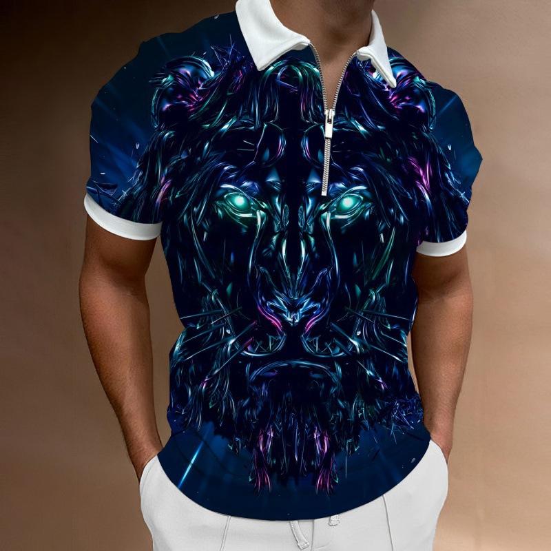 Futuristic Lion Print Short Sleeve Zip Polo, Stylish Casual Top