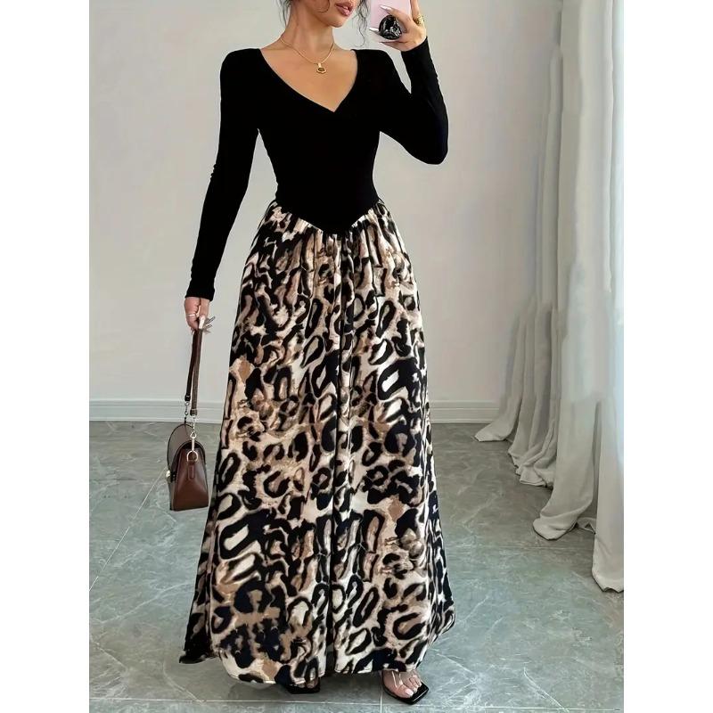 Spring Women Vintage Sexy High Waist Slim Clashing Elegant Leopard Print V-Neck Dresses