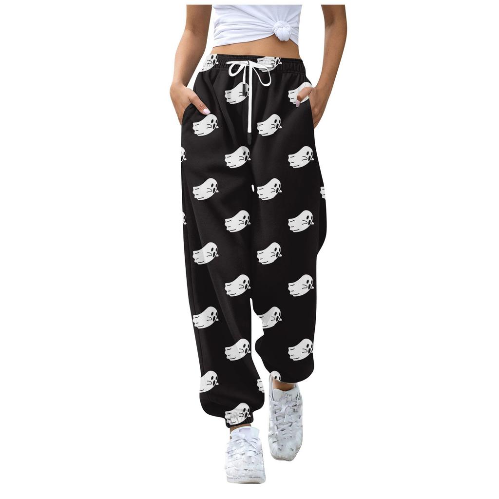 Женские повседневные модные брюки с эластичной резинкой на талии и принтом на Хэллоуин