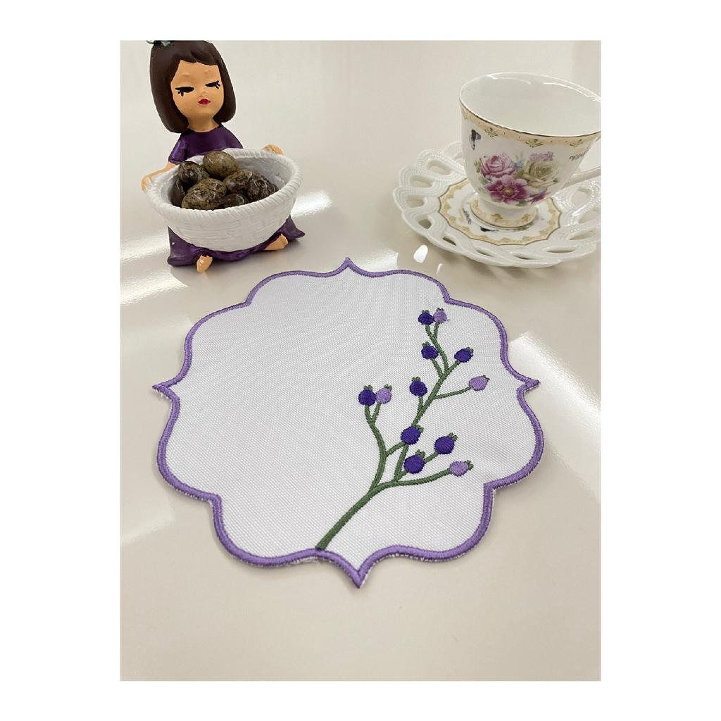 Набор из 6 льняных салфеток для сервировки кофе с фиолетовым цветочным узором и вышивкой