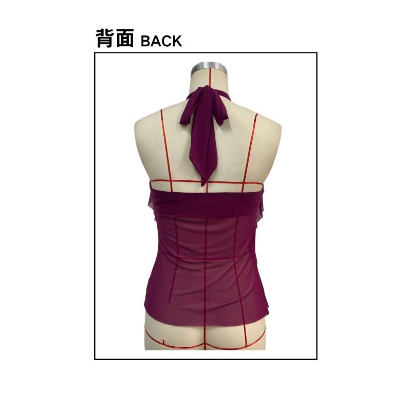 Purple Halter Mesh Ruffled Off Shoulder Sleeveless Sexy Women Casual Top