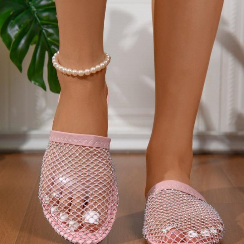 Модная горячая женская обувь 2024 года, новые роскошные женские туфли с круглым носком и бриллиантами, женские сандалии с эластичными сетчатыми носками, тапочки