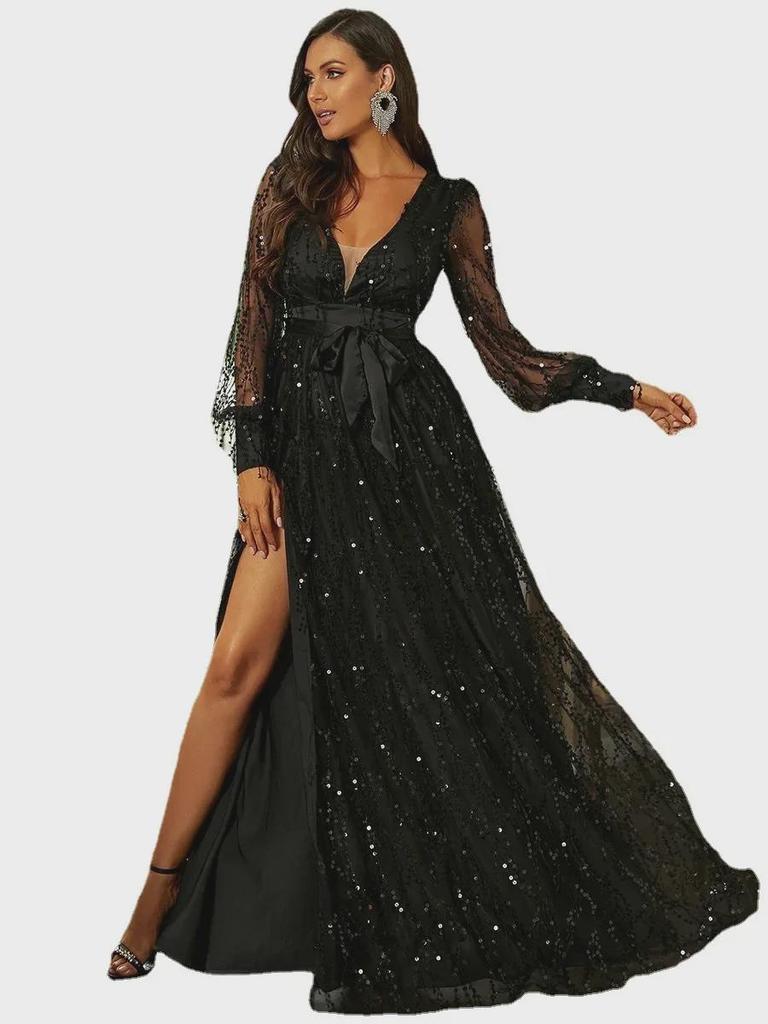 2025 Elegant Mesh Sequin Evening Gown for Women - Autumn Collection