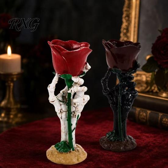 Dark Aesthetic Home Accents Halloween Skeleton Hand Rose Candle Holder, Gothic Resin Decorative Ornament Romantic Decor for Table Decor, Style