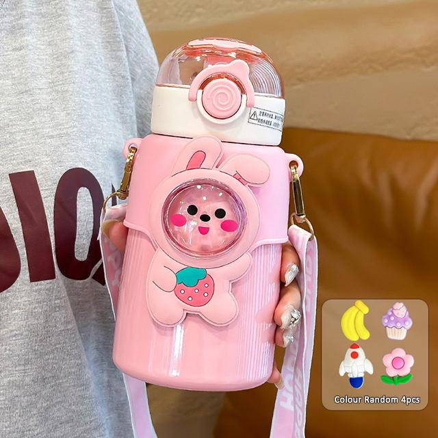 550ML Cute Cartoon Bear Thermos Water Bottle Straw Thermal For Kids Girs Portable School Stainless Steel Themo Insulation Cup