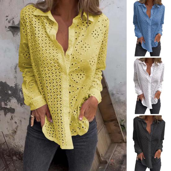 Women Shirt Lapel Long Sleeve Hollow Flower Pattern Shirt Tops Solid Color Loose Fit Single