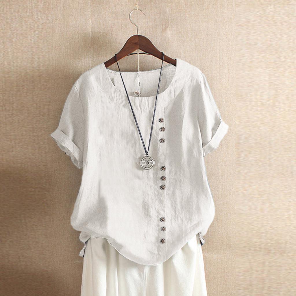 Plus Size Womens Casual Loose Tops Button Linen Daily Boho Tunic T-shirt Short Sleeve Blouse