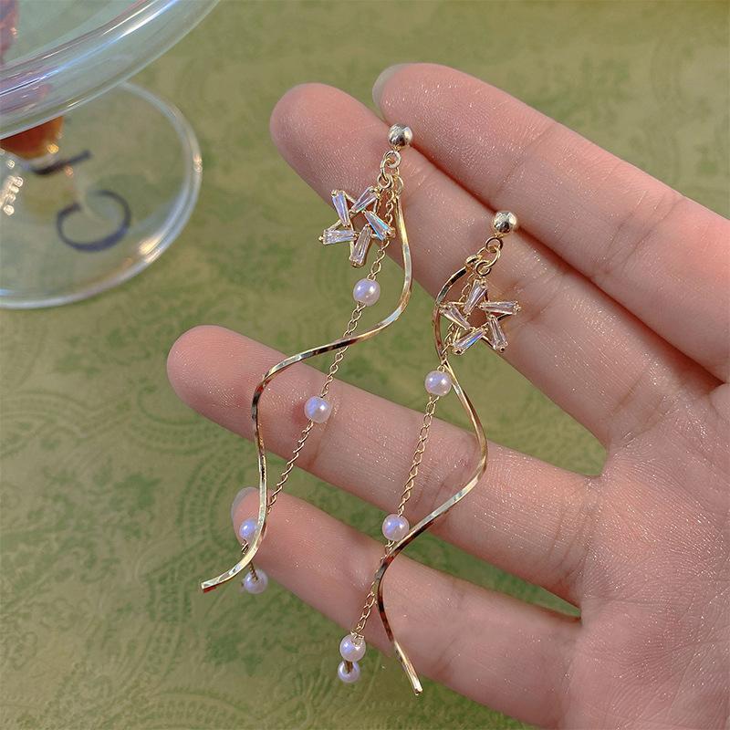 1Pair Long Earrings Temperament Star Imitation Pearl Long Tassel Drop Earrings For Women Wedding Jewelry Gift