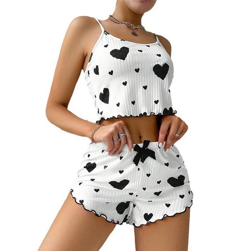 Women's Pajamas Set Sleepwear 2 PCS Short Tank Tops and Shorts White Ventilate Soft Casual Love Printing
