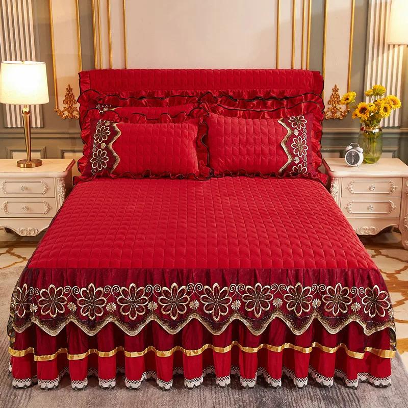 Зимняя бархатная Золотая кружевная юбка-кровать с кристаллами, утолщенное хлопковое короткое плюшевое покрывало, противоскользящее и износостойкое постельное белье