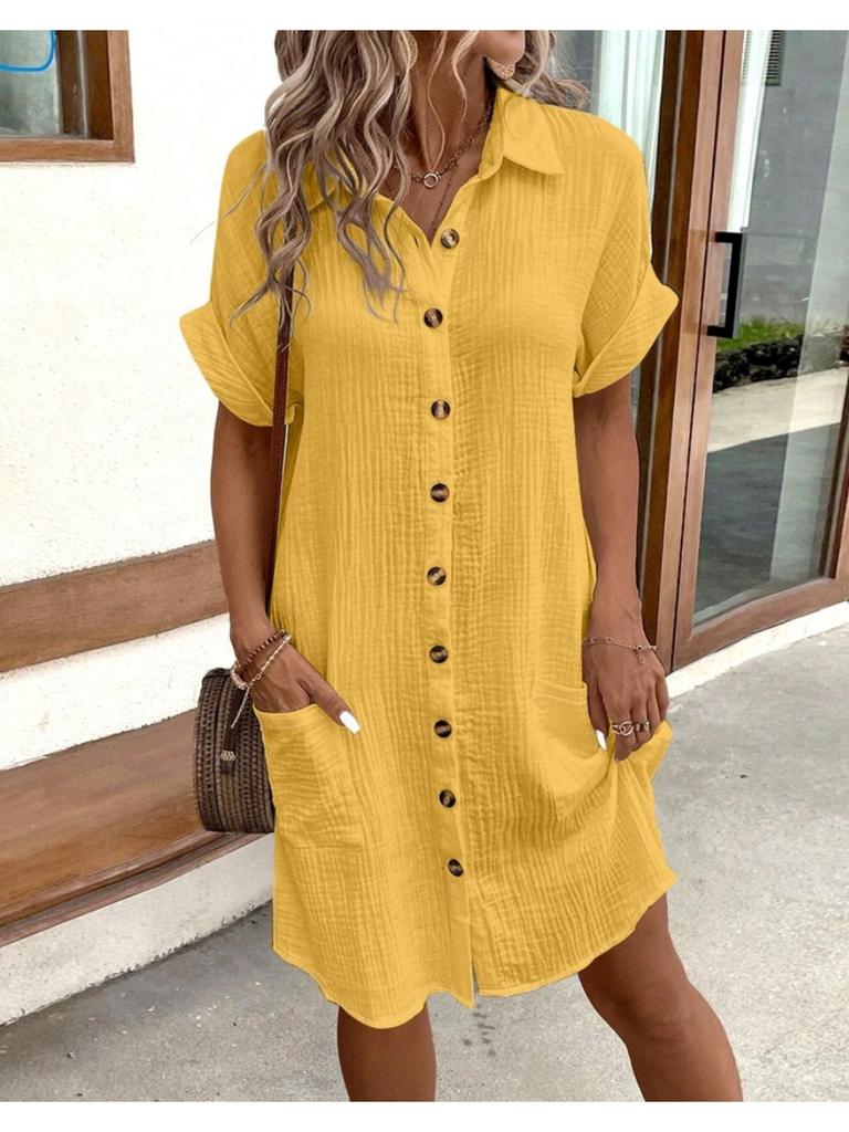 V Collar Solid Color Button Dress High Waist Elegant Shirt Dress for Women Short Sleeve Loose Dresses Causal Dress