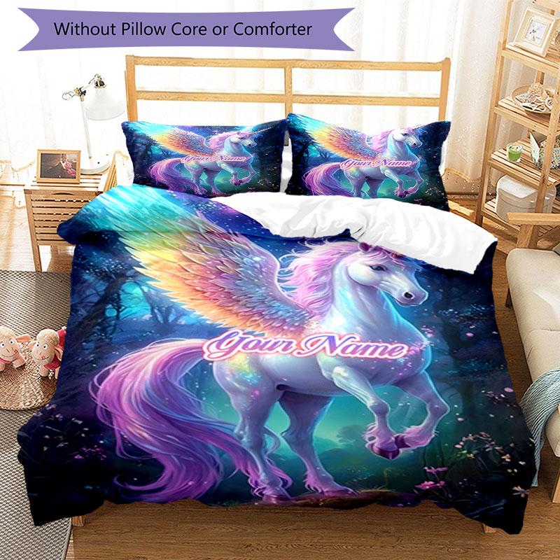 3PC Custom Name Rainbow Unicorn Fantasy Bedding Set Duvet Cover Closure Includes 1 Duvet Cover & 2 Pillowcases for Bedroom