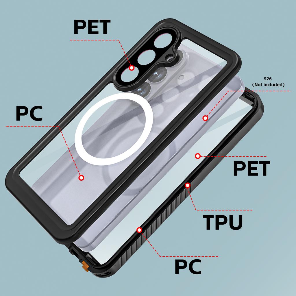 REDPEPPER Серия FS Для Samsung Galaxy S26 Водонепроницаемый чехол IPX8 PC TPU PET Прозрачная магнитная крышка для телефона