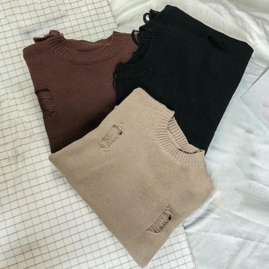 Men Sweater Solid Color Ripped O Neck Oversized Couple Sweater