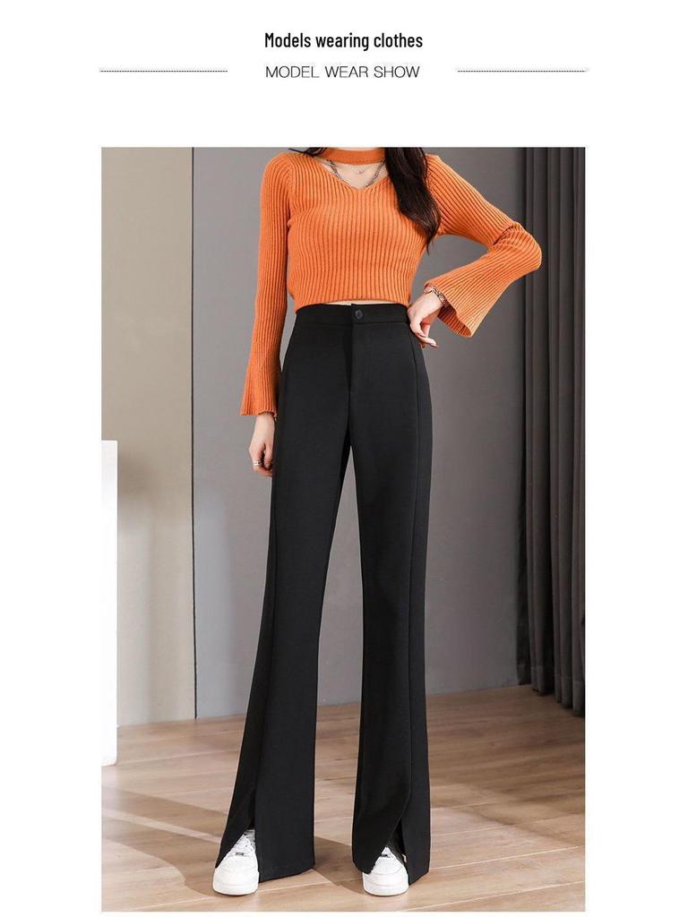 2026 Women's High-Waisted Flowing Black Micro-Flare Wide-Leg Trousers with Slit