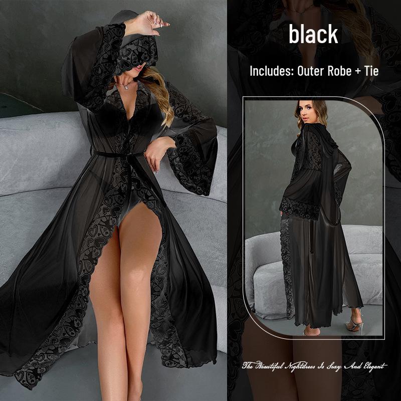 Сексуальный сетчатый халат с капюшоном и кружевной отделкой, нижнее белье с поясом