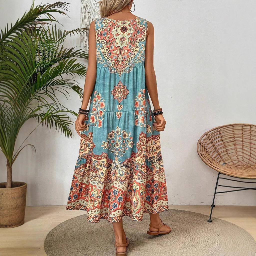 Платье макси с цветочным принтом в стиле бохо, повседневное платье больших размеров для женщин, модный сарафан без рукавов, винтажное платье