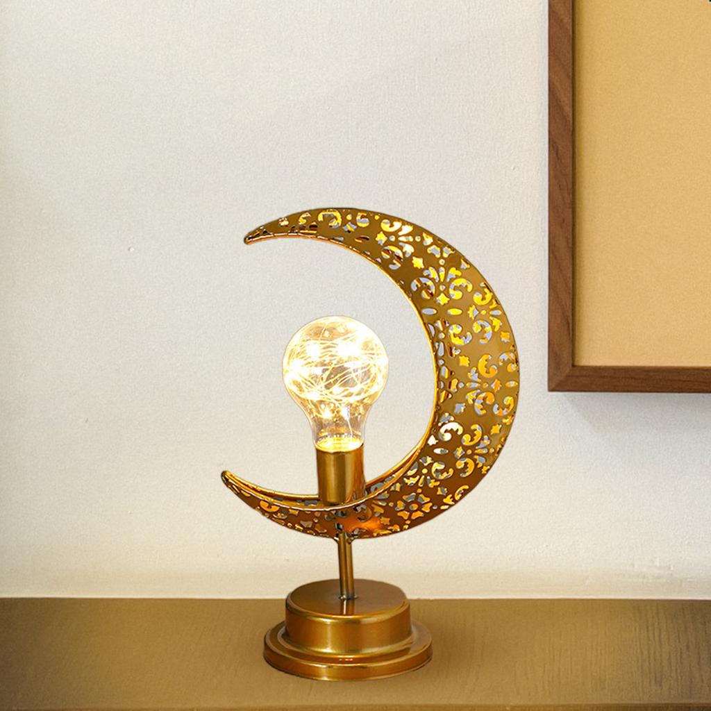 Metal Eid Moon Light Decorations Ramadan Ornament Mubarak Night Light Lamp Warm Light for Muslim Party Festival Islamic Indoor