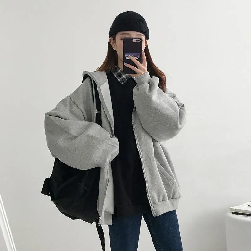 Женская толстовка с капюшоном на молнии, весенне-осенняя корейская версия студенческого стиля, свободный однотонный кардиган с длинными рукавами, тонкое пальто