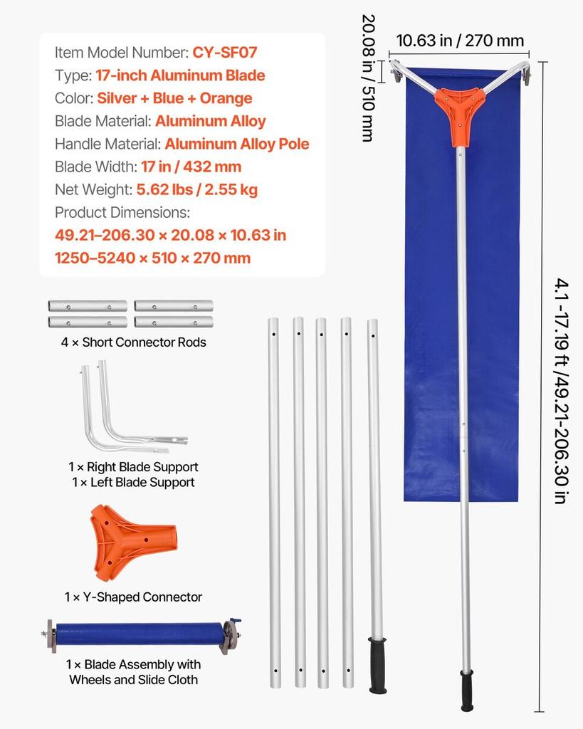 Snow Roof Rake, 27cm Aluminum Blade, 1.25-5.24 m Adjustable Roof Snow Scraper with Wheels & Slide, Lightweight Snows Removal Tool for House Rooftop