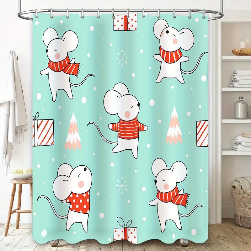 GAEAdorable Christmas Mouse Shower Curtain Set Festive Bathroom Decor for Holiday Season Light Blue Background with Snowflakes