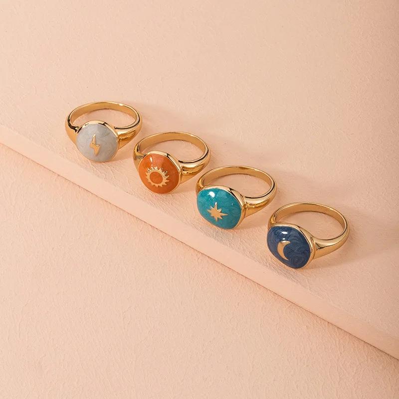 Women Gold Geometric Ring Colorful Enamel Lightning Star Moon Pattern Minimalist Chic Jewelry For Girls