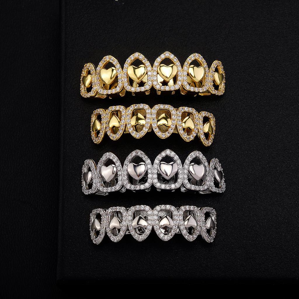 Factory Halloween Jewelry Gold Silver Metal Color Plating Brass and Zircon Six Piece Hollow Out Heart Hip Hop Grillz