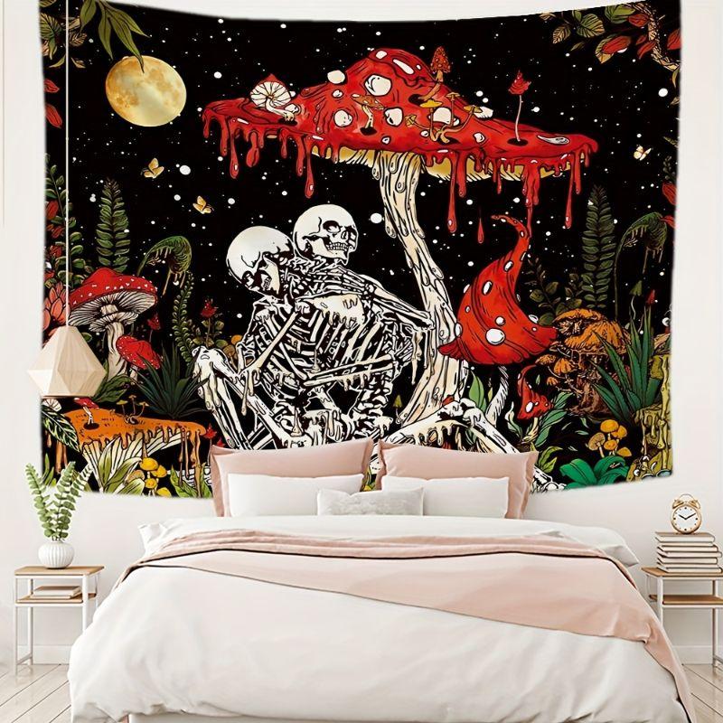 Gothic Couple Skeleton Red Mushroom Tapestry Dark Aesthetic Wall Hanging Bedroom Dorm Home Decor