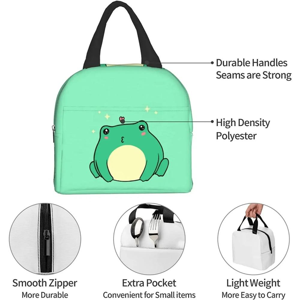 Kawaii Green Frog Lunch Bento Bag Insulated Lunch Box Reusable Waterproof Lunch Bag with Front Pocket for Travel Office Picnic