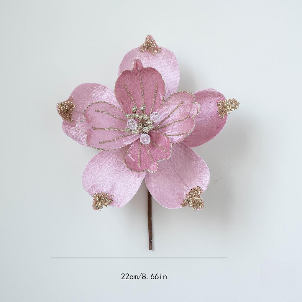 1PC Christmas Artificial Flower 22cm Fabric Sticky Pink Sequins Imitation Magnolia Flower Living Room Decoration Christmas Decoration Small Gift