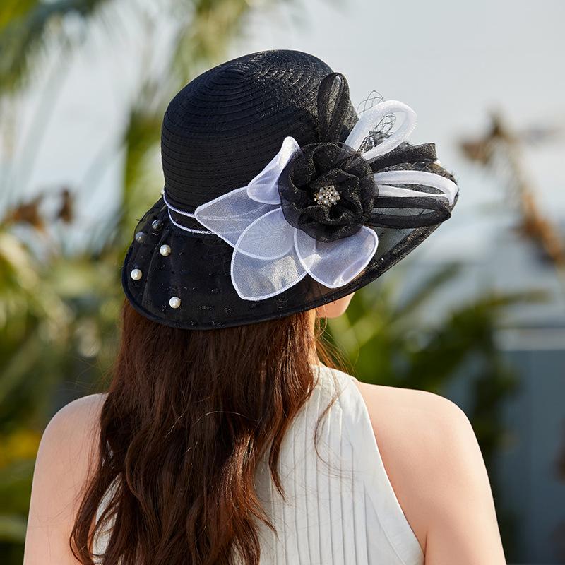 New hat women's summer beads fashionable versatile retro elegant flower temperament sunshade sunscreen cool hat top hat
