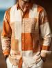 Men's Retro Patchwork Contrasting Geometric Long Sleeved Floral Shirt, European Loose Collared Button Street Casual Daily Vacati