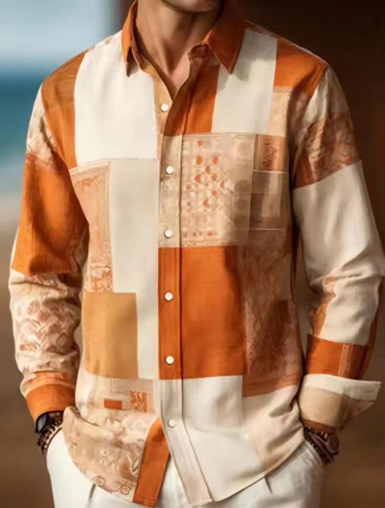 Men's Retro Patchwork Contrasting Geometric Long Sleeved Floral Shirt, European Loose Collared Button Street Casual Daily Vacati