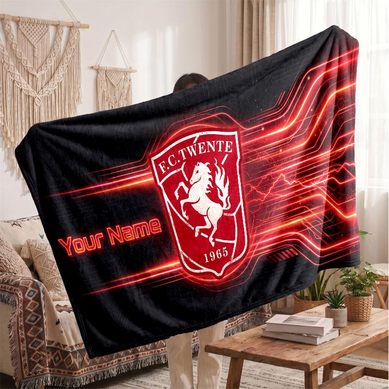 FC Twente Personalized Fleece Blanket With Football Logo, Custom Name Text Soft Warm Home Throw Blanket