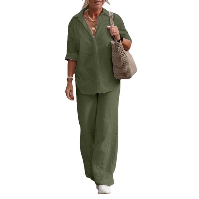 Women 2 Piece Outfits 2023 Notched Lapel Long Sleeve Button Down Blouse and Wide Leg Pants Set Casual Tops and Bottom Suit Fall Spring