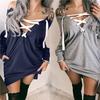 Women Sexy Lace Up Bandage Deep Off Shoulder Hoodies Long Loose Sleeve Pullover