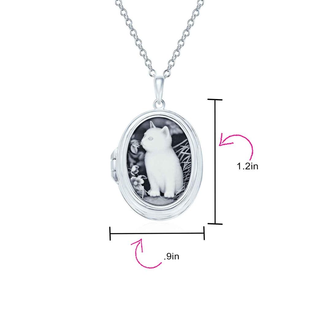 Personalized Custom Model Holding Black White Onyx Sitting Kitten Oval Cameo Photo Locket Pendant Necklace for Women Teens Sterling Silver by Picture