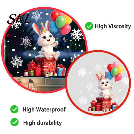 Removable Home Decor Stickers 2 Pcs Christmas Window Stickers, Cartoon Cute Deer Rabbit Cling, Easy Decals Winter Snowflakes Static for School Office