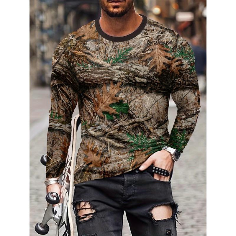 Retro Men's Long Sleeve T Shirt Autumn Round Neck Camouflage Printed Pattern Clothes Casual High Street Large Size Men's Tops